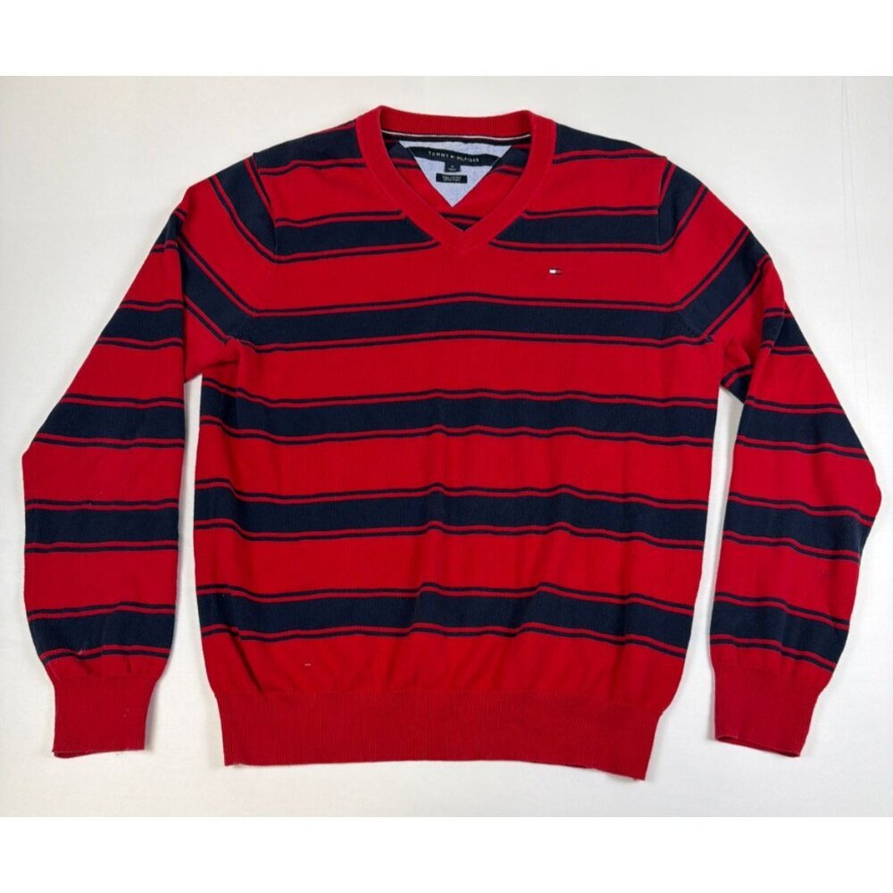 Tommy Hilfiger Men M Red Navy Stripe Pima Cotton V-Neck Sweater Flag Logo